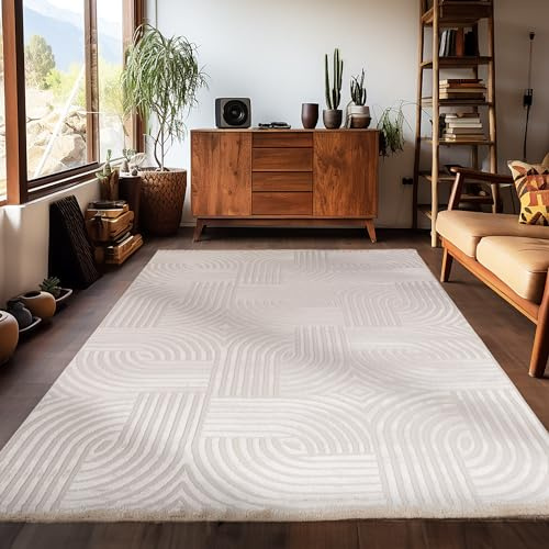 Carpetsale24 Kurzflor Teppich Wohnzimmer 140x200 cm Beige Modern Skandinavisch Boho Design Einfarbig 3D Effekt Weich Waschbar Pflegeleicht für Schlafzimmer Esszimmer