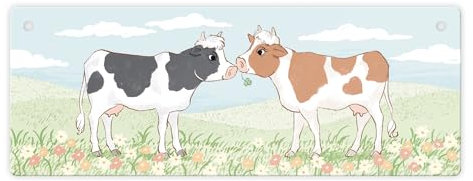 Kuh-Paar auf einer Blumenwiese Metallschild ein buntes Schild für Landwirte Metallschild Kuh Motiv Frauen Geburtstag Aluminiumblech Landtier Blechschild mit Klee im Mund