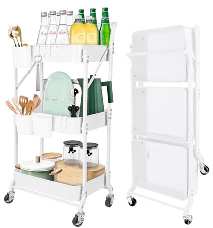 homeguru Aufbewahrungswagen 3 Etagen Küchenregal, klappbar Servierwagen mit Rollen, Stauraumwagen Küche, Küchenwagen Rollwagen Regal Stauraum Beistellwagen, Salon Wagen Weiss, 45X 31X 93 cm