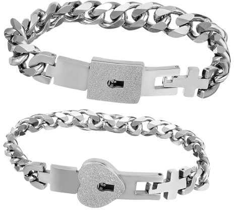 NAMOARLY 1pair Interlocking Concentric Bracelet Stainless Steel Lock and Key Bracelet for Couples Valentines Day Memorial His and Her Boy Friend Chain Link Lovers