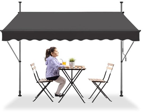 LZQ Klemmmarkise Balkon, Markise Einziehbar Manuell, Handkurbel, höhenverstellbar, UV-beständig, ohne Bohren, 100% Polyester, Dunkelgrau, 200 x 120 cm