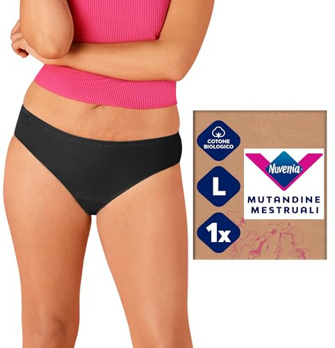 Nuvenia, Mutandine Mestruali in cotone biologico, modello slip brazilian, Lavabili e riutilizzabili con protezione integrata per Giorno e Notte, Flusso Abbondante, Colore Nero, Taglia L, 1 confezione