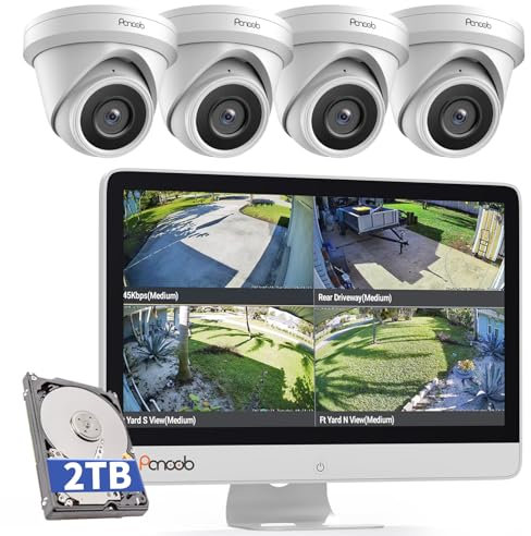 PANOOB Sistema di telecamere di sicurezza PoE 4K a 8 canali monitor integrato da 15,6 pollici, NVR H.265 UHD da 8 MP con HDD da 2 TB, telecamera IP da 5 MP cablata a cupola IR IP67, rilevamento di