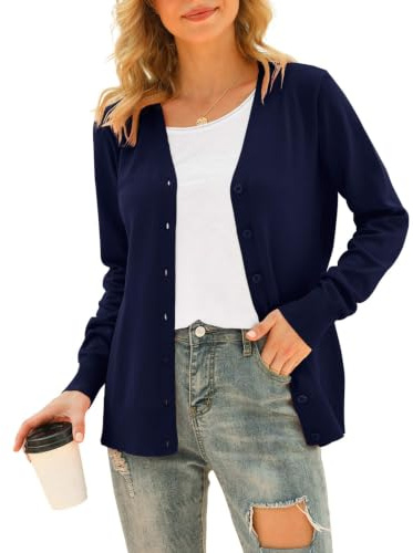 Anelune Navy Cardigans for Women UK, V-Neck, Long Sleeve, Button Down, M