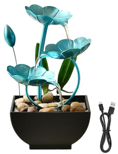 Fountain de Table Fountaine de Table de Table de Table 5x5x9in intérieur Lotus décor Cascade Fontaine USB Mini-Zen de détente de détente pour Le Bureau, Salon, Chambre (Bleu)
