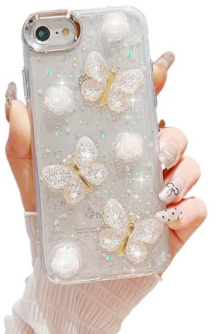 ZTUOK Case for iPhone 6 6S 7 8 for Women Girls,Cute 3D Butterfly Floral Design Sparkle Glitter Bling Soft TPU Cover Shockproof Protective Phone Case for iPhone SE 3 2022/iPhone SE 2 2020-Gold
