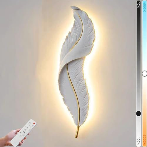 LOGT LED Feder Wandleuchte mit Fernbedienung 3000K–6000K Dimmbar Wandlampe Harzmaterial Weiße Feder Lichte 3 Helligkeitsstufen Wandbeleuchtung für Wohnzimmer Schlafzimmer Modern Heimdekoration,65CM