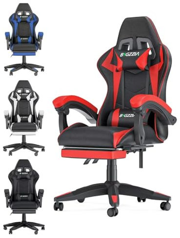 bigzzia Silla Gaming Ergonómica, Silla Gaming con Cojín Lumbar y Reposacabezas, Regulable en Altura, con Reposapiés (Red)