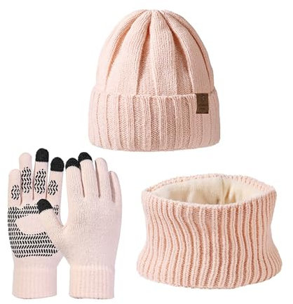 Sciarpa Cappello Guanti Set Cavo Maglia Inverno Set Regalo Inverno Peluche Cappello Lavorato A Maglia Sciarpa Schermo Guanto Set di Isolamento Esterno Set Sciarpa Guanti Cappello Set per Uomo, rosa,