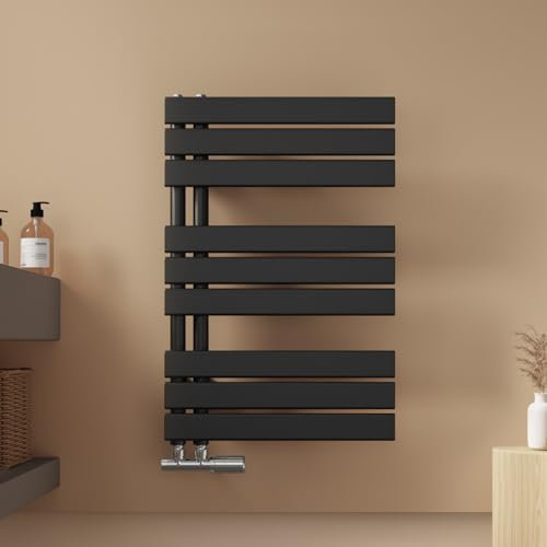 EMKE Sèche Serviettes, Raccordement latéral, 762x500 mm, Radiateur de Salle de Bain pour Serviettes,Chauffe-Serviettes à Eau Chaude, Porte-Serviettes Mural, Noir, 397 Watts