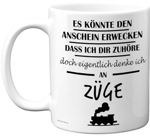 Dampflok-Geschenke für Männer – Eigentlich Denke Ich an Züge Tasse – Lustige Zug-Tasse, Geschenke für Eisenbahn-Enthusiasten, 325 ml Premium-Keramiktasse, spülmaschinenfest