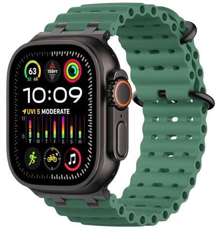 MoKo Bracciale Migliorato in Silicone Sport Oceano per Apple Watch 49mm/46mm/45mm/44mm/42mm - Serie 10/9/8/7/6/5/4/3/SE2/SE/Ultra2/Ultra - Unisex, Nero/Verde