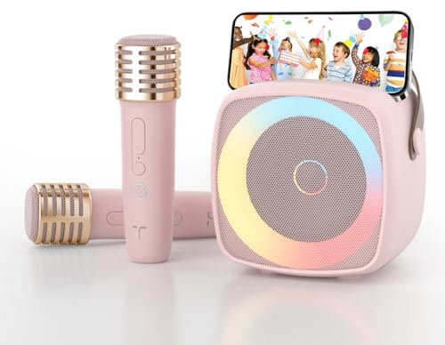 TANALAZ Machine Karaoké 2 Microphones pour Garçons Filles, Enfants Adultes Enceinte Bluetooth Portable avec Support Téléphone, Enceinte avec Lumières LED et Changer de Voix pour Fêtes à Domicile