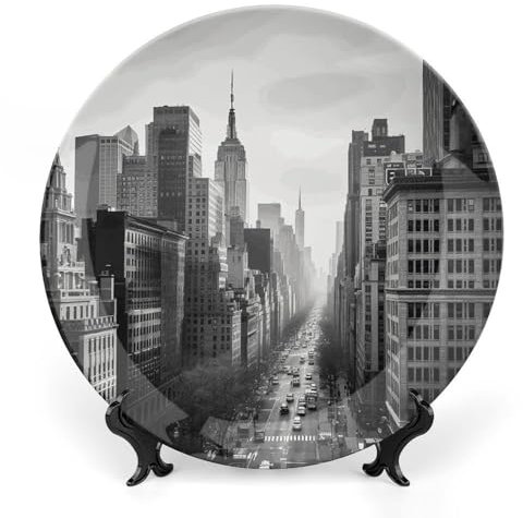 HETVBNS Assiette décorative en porcelaine anglaise de New York noire et blanche - Assiettes personnalisées en céramique avec présentoir - Décoration murale à suspendre - 25,4 cm