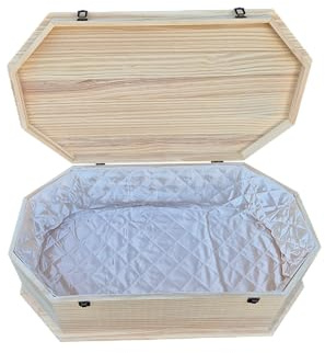 petbye Holz Haustiersarg achteckig Natur belassen – Größe L für kleine Haustiere – Tiersarg mit festem Metallverschluss – Premium-Sarg aus hochwertigem Holz