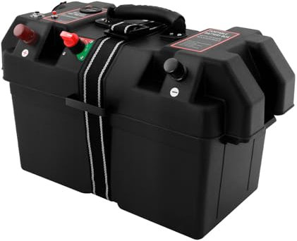 Multi Functional Battery Box, Large Leisure Battery Case with LED Display, Portable Smart Batteries Box with Strap Dual USB for RV Caravan, Camper and Boat Motorhome
