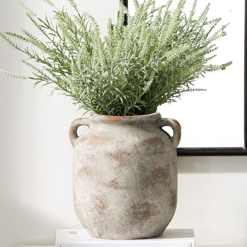 Ceramic Flower Vase Home Decor - 7.6 Inch Farmhouse Rustic Table Vases with Handle Living Room Decoration Decorative Vintage Pottery for Kitchen Shelf Coffee Dining Bookshelf Fireplace Centerpiece
