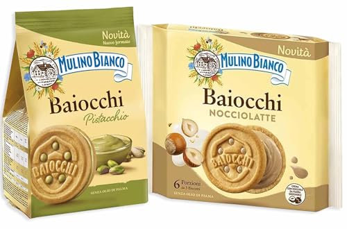 Baiocchi Mix Nocciolatte e Pistacchio Biscotti Ripieni di Crema al Pistacchio, Nocciole e Latte per mulino bianco 168g [2 Confezioni]