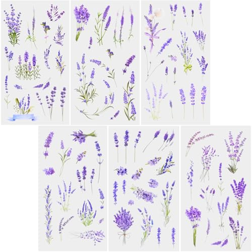 REEKNOKOL 12 Bögen Blumenaufkleber, natürliche Lavendelaufkleber, Selbstklebende Blumenaufkleber, Vinyl-Blumenaufkleber für Scrapbook-Zubehör, Karten, Laptops, Basteln, Flaschen, Journaling