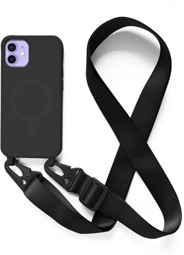 Jiyu Funda Magnética para iPhone 12 Mini 5,4 Silicona Carcasă con Cuerda Compatible con MagSafe Ajustable Colgante Collar Correa de Cuello Cadena Cordón Fundas Cover Case,Negro