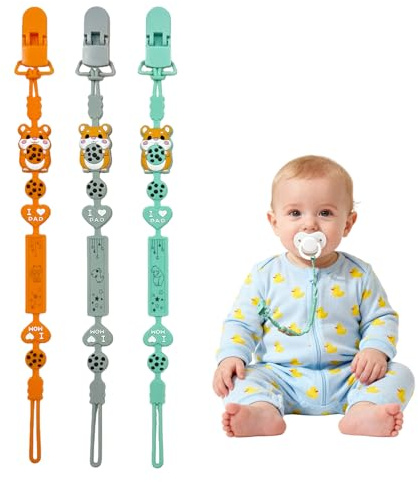 Catenella portaciuccio in silicone, 2 in 1 e design monoblocco, per neonati e ragazzi, senza BPA, confezione da 3 pezzi