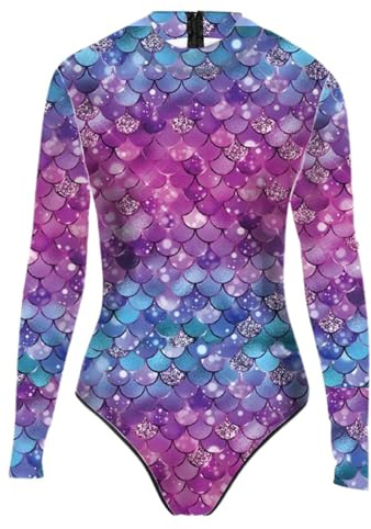 Nlaayong Damen Meerjungfrau Badeanzug Bademode Fisch Schuppen Print Langarm Body Tops Sexy Jumpsuit Auffällig,Kostüm Meerjungfrau