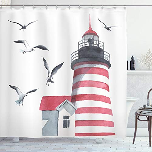 ABAKUHAUS Leuchtturm Duschvorhang, Seagulls Strand Meer, Stoffliches Gewebe Badezimmerdekorationsset mit Haken, 175 x 200 cm, Weiß Grau Rot