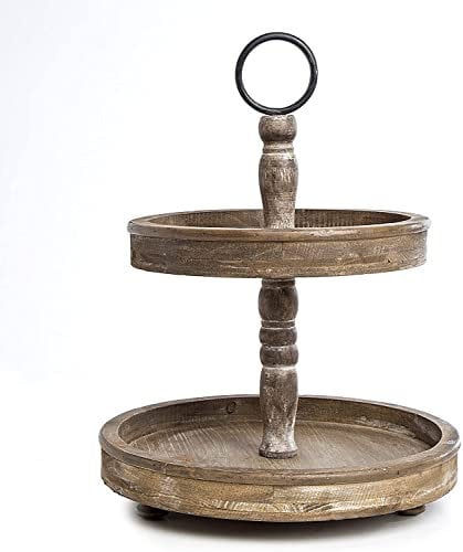Hallops 2 Tiered Tray Stand - Wood Farmhouse, Rustic, Vintage Decor. Wooden Tray with Metal Round Decorative Handle | Cupcake, Food and Party Display