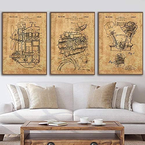 SHINERING Auto-Engine Vintage Poster Flugzeug Jet Engine interne Verbrennung Motor Patent abstrakte Leinwand Gemälde Bilder Home Decor - 40 x 60 cm