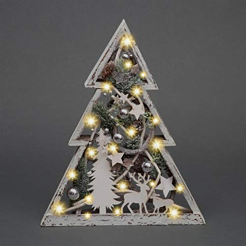 43cm Christmas Pre-Lit Wooden Warm White LED Tree Frame Tabletop Centrepiece Decoration with Pinecones and Baubles Holiday Home Décor