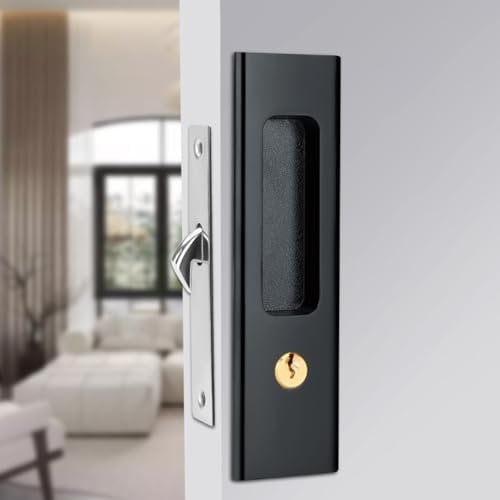 WOLFBIRD Sliding Door Lock Mortise Lock Handle with Keys Invisible Recessed Handle for Wooden Pocket Door Barn Door(Black)