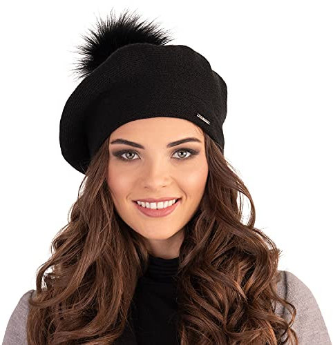 VIVISENCE Winter Baskenmütze Mit Bommel Für Damen Klassischem Herbst Frauen Mütze Schnitt Warmem Garn Mit Wollezusatz Eleganter Wintermütze Ideal Für Kalte Wintertage Modell, Schwarz,Einheitsgröße