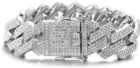 Halukakah Diamant Goldkette für Männer Iced Out,20MM Rautenblitz Dreireihige Diamanten Platin Weißgold Finish Armband 20cm,Voll Cz Diamant Schnitt Zinken-Set,Geschenk für Ihn