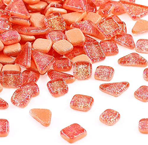 Glas Mosaiksteine 200g, Quadrat und Dreieck Mosaikfliesen Glasfliesen Glitzerkristall Glasmosaik, Glassteine Mosaik Steine für Basteln, Haus Deko(Orange)