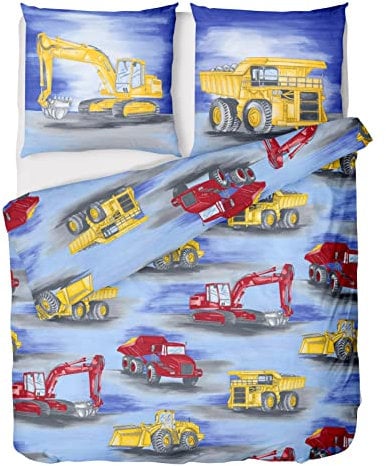 LINKHOFF Bagger Bettwäsche Set 135x200 für Kinder - Kinderbettwäsche 135x200 Jungen mit Baustellenfahrzeuge - Renforce Baumwolle - Kissen + Bettbezug