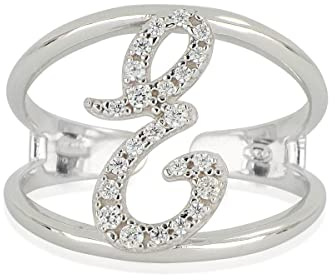 Artlinea, 925 Sterlingsilber Ring, Personalisiert mit den Initialen E Kursiven, mit Zirkonia-Pavé, Offene Rückseite mit Verstellbarer Größe 18.7-20.4, Made in Italy