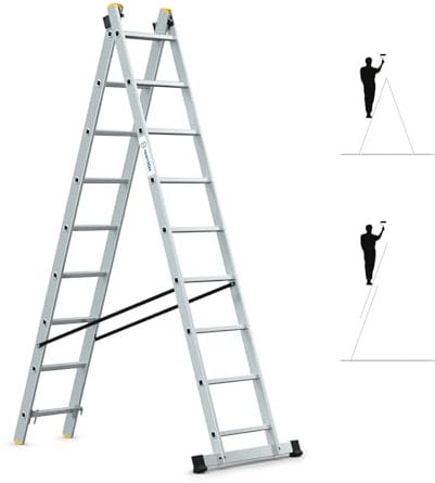 Escalera Transformable 2 planos StablePro 2 x 9 peldaños de aluminio extensible deslizante, 3 posiciones, altura de trabajo máx. 5,02 m, garantía de 5 años, Hostrom