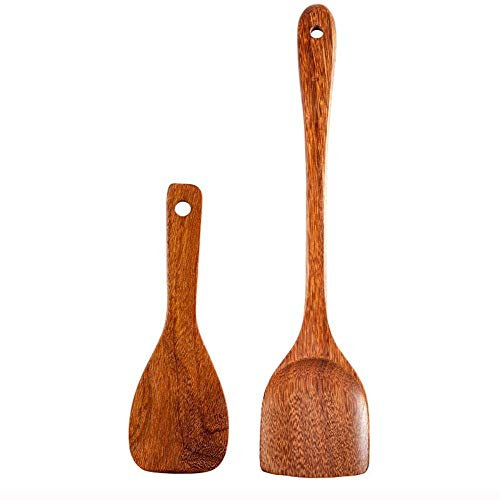 DITUDO KOWSHE Pala Antiadherente Pala Cuchara Cuchara de arroz Juego de 2 Piezas Pala de Olla Grande Pala de Cocina de Madera Maciza Mango Largo Madera sin Pintar y sin Cera ala de Pollo Madera