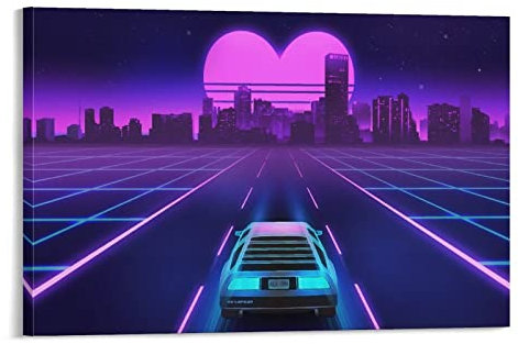 KWID Sportwagen-Poster für Delorean Vaporwave Herzform Sonnenuntergang Sci-Fi-Auto-Poster dekorative Malerei Leinwand Wandposter und Kunstbild Druck Moderne Familien-Schlafzimmer Dekor Poster 60 x 90