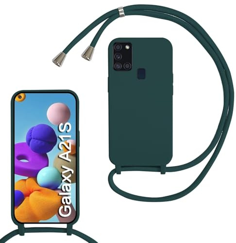 MBSLFY Silikon Handykette für Samsung Galaxy A21S Hülle mit Band,Silikon Necklace Handyhülle mit Abnehmbar Kordel zum Umhängen Stossfest Bumper Handy Schutzhülle für Samsung Galaxy A21S, Dunkel grün