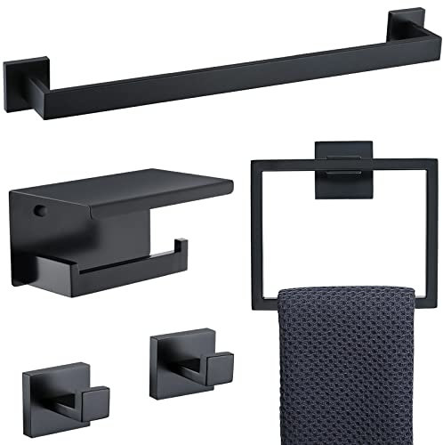 TNOMS Lot de 5 Barres Porte-Serviettes Noires pour Salle de Bain Comprenant Une Barre Porte-Serviette de 60 cm, Un Anneau Porte-Serviette et Un Porte-Papier Toilette avec étagère, Ensemble