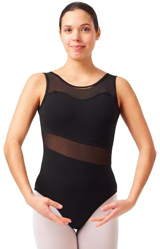 tanzmuster Ballett Trikot Damen ärmellos - Heidi - Baumwolle - BH-Pad-Einschub - Netzeinsätze - schwarz 36 - schwarzer Tanz Body - Ballettkleidung für Erwachsene