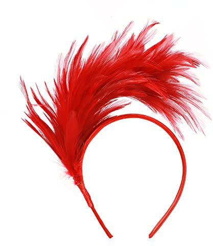 MWOOT Damen Feder Haarreif, Rot Feder Haarschmuck, 1920er Motto Party Kostüm Feder Kopfschmuck Fascinator, Feder Haarteil Accessoire für Karneval Regenbogen Verkleidungsfest Faschingskostüm