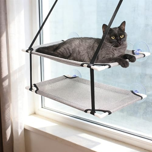 Cat Window Bed, Double Layer Cat Window Hammock Strong Suction Cups Cats Window Perch for Indoor Cats, Hold Up to 10kg