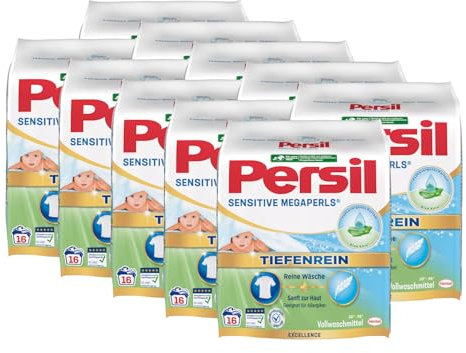 Persil Sensitive Megaperls 160 WL (10 x 16 Waschladungen), Waschmittel für Allergiker mit beruhigender Aloe vera für sensible Haut, effektiv von 20 °C bis 95 °C, ECARF-zertifiziert