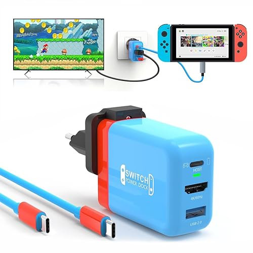 TreasLin Switch Dock, PD 36W Caricatore USB Ricarica Rapida per Switch-OLED TV Dock Station per Switch 4K 60Hz HD Dock portatile Caricatore Adattatori Switch Accessori, Rosso e blu