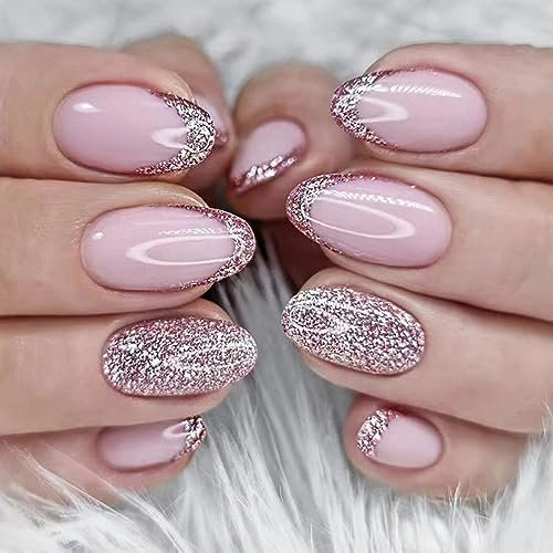 AKOFIC 24 Stück Press on Nails Kurz Mandel, Oval Künstliche Nägel zum Aufkleben, Pink Glossy Fake Nails Glitzer Design, Kunstnägel Falsche Fingernägel mit Nagelkleber Aufkleber für Frauen