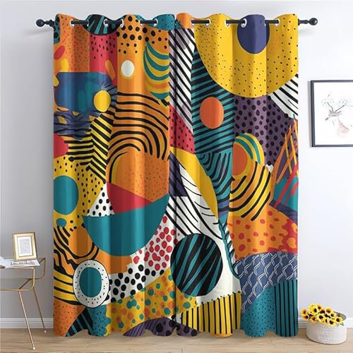 zcwl Rideau Occultant Coloré Géométrique, Motif Rideaux Thermiques à Oeillets, Rideaux Imprimé pour Salon Chambre Fenetre Moderne Décoration, 140x200 cm (L x H), Lot de 2