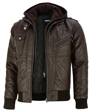 Vance - Chaqueta de piel auténtica para hombre, 100% piel de cordero, con capucha desmontable, marrón oscuro, S