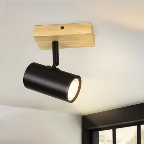 Glitzerlife Ceiling Spot 1 Spot Wood Plafón GU10 Negro Giratorio 330° | Foco de Pared Foco de Interior Dormitorio para Salón Pasillo Cocina Comedor